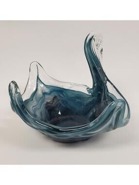 Vintage Murano Art Glass Swan Bowl Blue Swirl Sculpture 7" x 8.5"